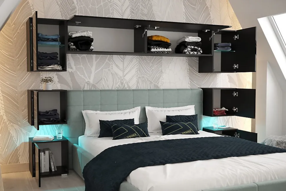 Tête de lit avec rangement Armoire - pont de lit PANAMA 13/HG/B/1-1B noir/noir brillant 240x182x35cm