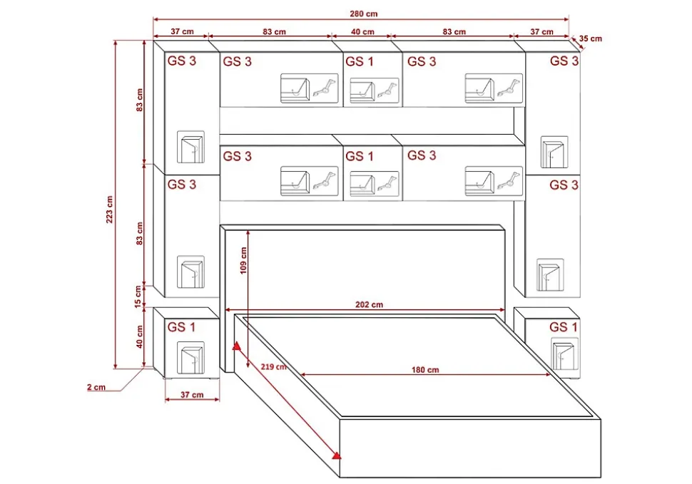 Tête de lit avec rangement Armoire - pont de lit PANAMA 4/HG/W/2-1C blanc/blanc brillant 280x223x35cm