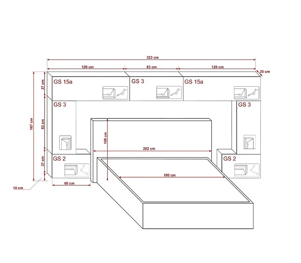 Tête de lit avec rangement Armoire - pont de lit PANAMA 6/21W/HG2-1A blanc/blanc brillant 323x167x35cm