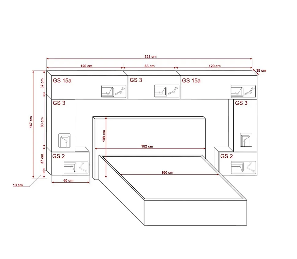 Tête de lit avec rangement Armoire - pont de lit PANAMA 6/21W/HG2-1A blanc/blanc brillant 323x167x35cm