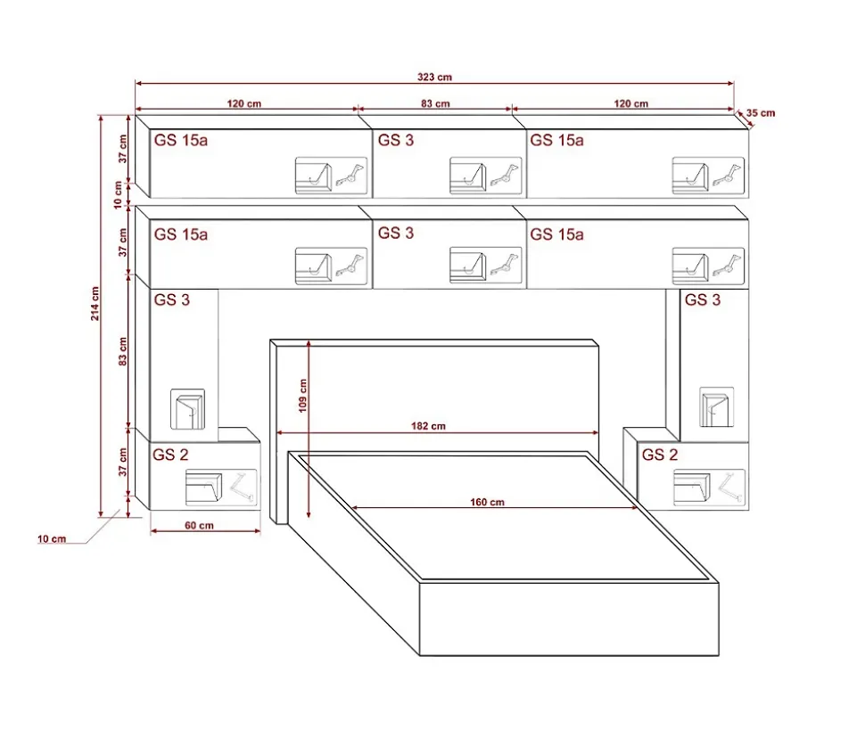 Tête de lit avec rangement Armoire - pont de lit PANAMA 5/HG/W/2-1A blanc/blanc brillant 323x214x35cm