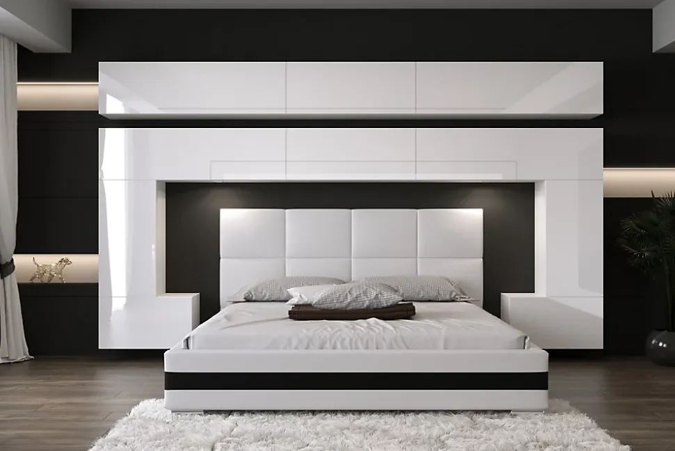 Tête de lit avec rangement Armoire - pont de lit PANAMA 5/HG/W/2-1A blanc/blanc brillant 323x214x35cm