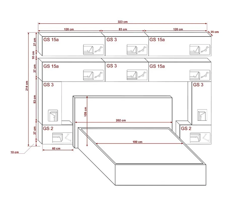 Tête de lit avec rangement Armoire - pont de lit PANAMA 5/HG/W/2-1A blanc/blanc brillant 323x214x35cm
