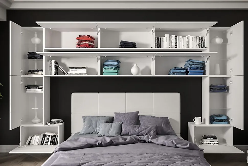 Tête de lit avec rangement Armoire - pont de lit PANAMA 7/HG/W/2-1A blanc/blanc brillant 323x213x35cm