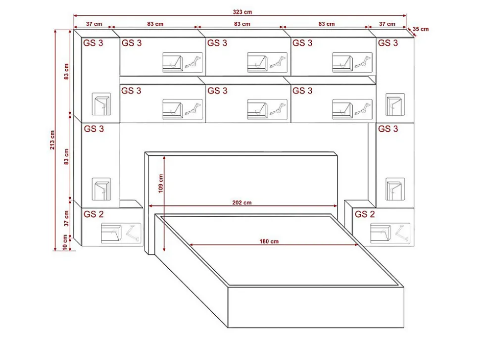 Tête de lit avec rangement Armoire - pont de lit PANAMA 7/HG/W/2-1A blanc/blanc brillant 323x213x35cm