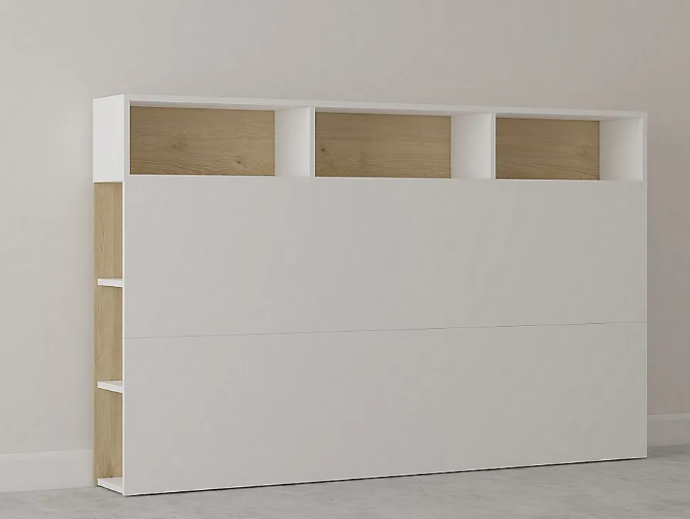Tête de lit avec rangements NASTIA - 160 cm - Blanc et chêne