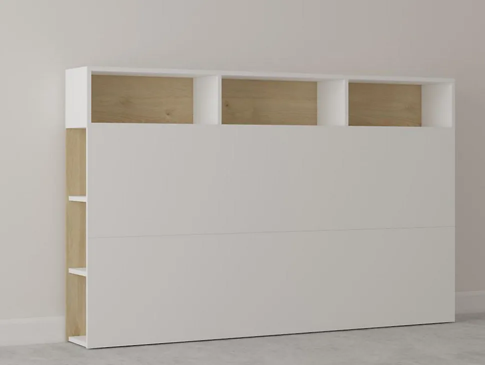Tête de lit avec rangements NASTIA - 160 cm - Blanc et chêne