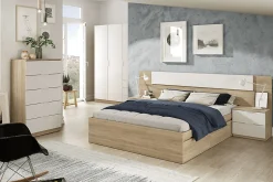 Tête de lit en mélamine avec 2 chevets coloris chêne canadian blanc artik - Hauteur 95 x Longueur 247 cm x Profondeur 38 cm