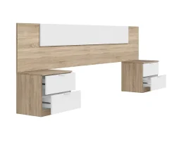 Tête de lit en mélamine avec 2 chevets coloris chêne canadian blanc artik - Hauteur 95 x Longueur 247 cm x Profondeur 38 cm