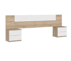 Tête de lit en mélamine avec 2 chevets coloris chêne canadian blanc artik - Hauteur 95 x Longueur 247 cm x Profondeur 38 cm