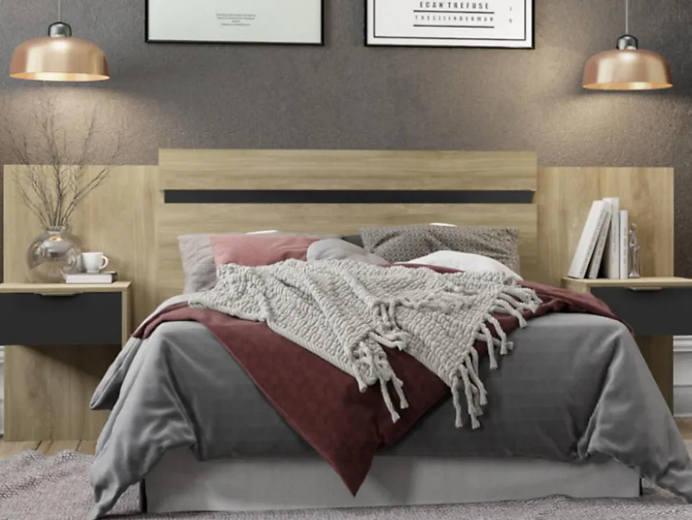 Tête de lit extensible avec chevets - 140/160 cm - Coloris : Naturel et noir - PARATI