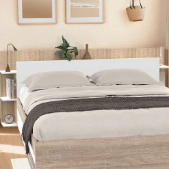 Tête de lit sur pied CIRI pour lit 140 et 160 cm avec rangements blanc et bois