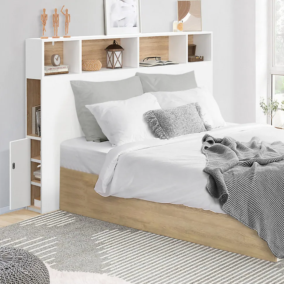 Tête de lit sur pied CLEO 145 cm avec rangements fermés et niches blanc et façon hêtre