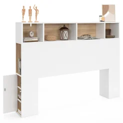 Tête de lit sur pied CLEO 145 cm avec rangements fermés et niches blanc et façon hêtre