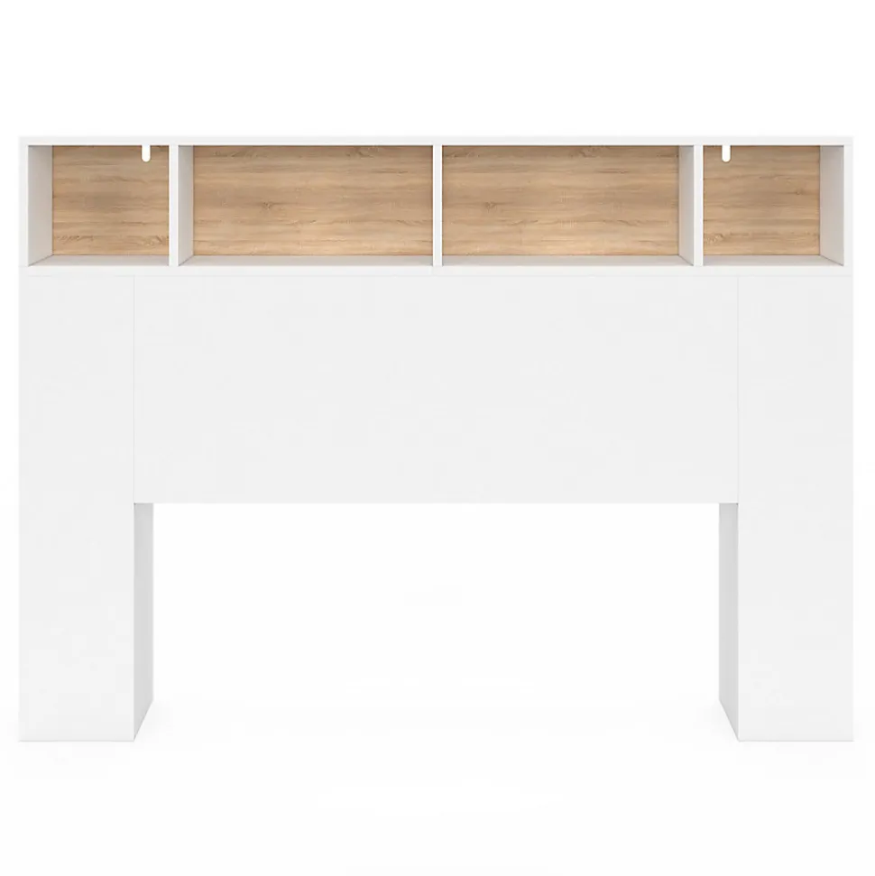 Tête de lit sur pied CLEO 145 cm avec rangements fermés et niches blanc et façon hêtre