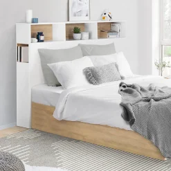 Tête de lit sur pied CLEO 145 cm avec rangements fermés et niches blanc et façon hêtre
