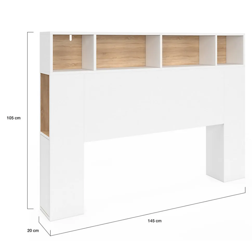 Tête de lit sur pied CLEO 145 cm avec rangements fermés et niches blanc et façon hêtre