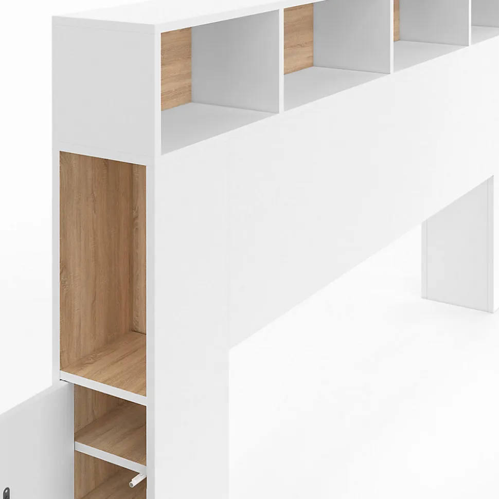 Tête de lit sur pied CLEO 145 cm avec rangements fermés et niches blanc et façon hêtre