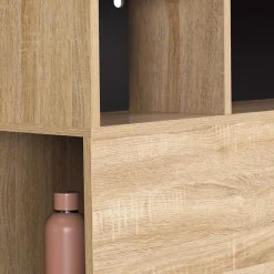 Tête de lit sur pied CLEO 165 cm avec rangements fermés et niches façon hêtre et noir