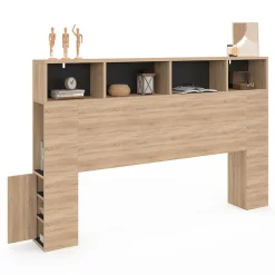 Tête de lit sur pied CLEO 165 cm avec rangements fermés et niches façon hêtre et noir