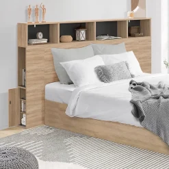 Tête de lit sur pied CLEO 165 cm avec rangements fermés et niches façon hêtre et noir