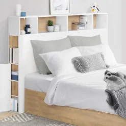 Tête de lit sur pied CLEO 165 cm avec rangements fermés et niches blanc et façon hêtre