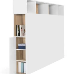 Tête de lit sur pied CLEO 165 cm avec rangements fermés et niches blanc et façon hêtre