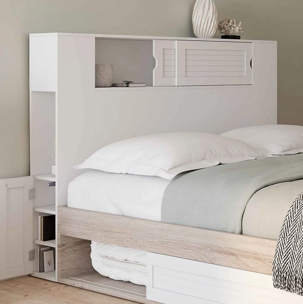 Tête de lit sur pied SALEM 145 cm avec rangements fermés et niches blanc