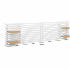 Tête de lit suspendue en lattes AVA 240 cm bois blanc et étagères façon hêtre