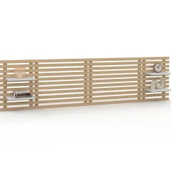 Tête de lit suspendue en lattes AVA 240 cm bois clair et étagères blanches