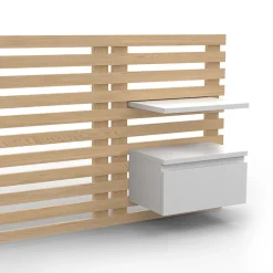 Tête de lit suspendue en lattes AVA 240 cm avec chevets + tiroir façon bois clair et blanc