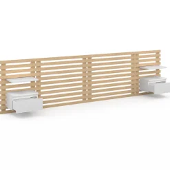Tête de lit suspendue en lattes AVA 240 cm avec chevets + tiroir façon bois clair et blanc