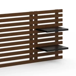 Tête de lit suspendue en lattes AVA 240 cm bois vieilli et étagères noires