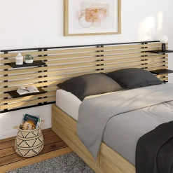 Tête de lit suspendue en lattes DETROIT 240 cm bois et métal noir avec étagères design industriel