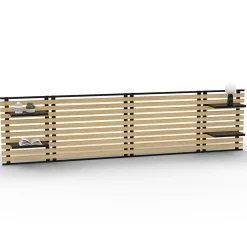 Tête de lit suspendue en lattes DETROIT 240 cm bois et métal noir avec étagères design industriel