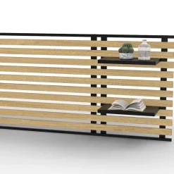 Tête de lit suspendue en lattes DETROIT 240 cm bois et métal noir avec étagères design industriel