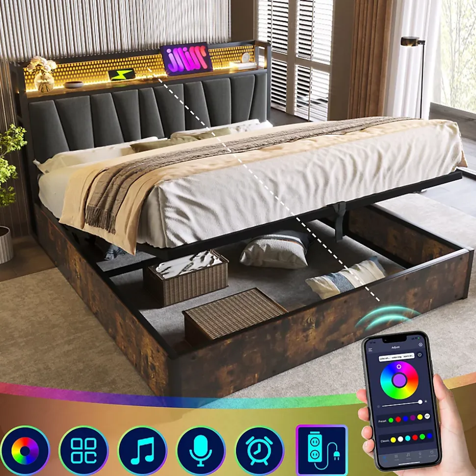 URBAN MEUBLE Lit double tissu gris avec éclairage LED et rangement 140x200cm