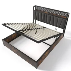 URBAN MEUBLE Lit double tissu gris avec éclairage LED et rangement 140x200cm