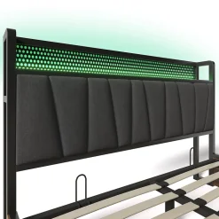 URBAN MEUBLE Lit double tissu gris avec éclairage LED et rangement 140x200cm