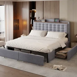 URBAN MEUBLE Lit king lin gris clair rembourré 4 tiroirs 160X200 cm