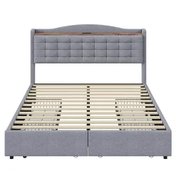 URBAN MEUBLE Lit king lin gris clair rembourré 4 tiroirs 160X200 cm