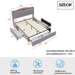 URBAN MEUBLE Lit king lin gris clair rembourré 4 tiroirs 160X200 cm