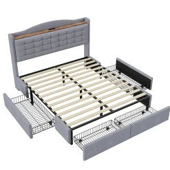 URBAN MEUBLE Lit king lin gris clair rembourré 4 tiroirs 160X200 cm