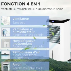 Ventilateur rafraichisseur humidificateur ioniseur 4 en 1 - portable oscillant 60W 10L - télécommande