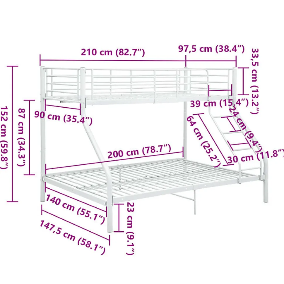 vidaXL Cadre de lit superposé Blanc Métal 140x200 cm/90x200 cm