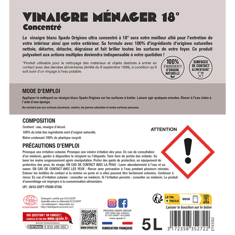 Vinaigre blanc ultra concentré 18° Spado Origines