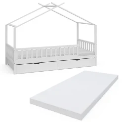 Vitalispa Lit cabane Blanc 90x200 cm avec 2 tiroirs et matelas