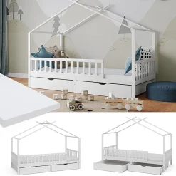 Vitalispa Lit cabane Blanc 90x200 cm avec 2 tiroirs et matelas