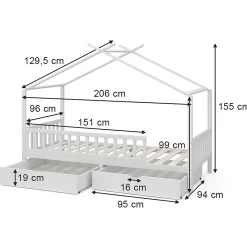 Vitalispa Lit cabane Blanc 90x200 cm avec 2 tiroirs et matelas
