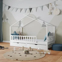 Vitalispa Lit cabane Blanc 90x200 cm avec 2 tiroirs et matelas